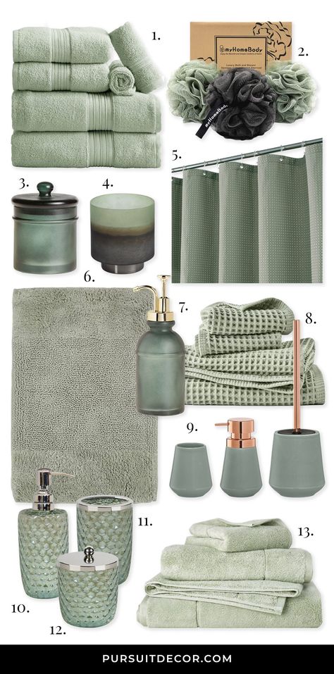 15+ Stylish Sage Green Bathroom Accessories You'll Love - Are you looking for stylish sage green bathroom accessories for your home? You've come to the right place! From soft sage green bath towels and linens to sleek sage green soap dispensers, dishes, and storage options, check out over 15 stylish sage green bathroom accessories right here! #sagegreen #sage #bathroomdecor Green Towels Bathroom, Olive Green Bathrooms, Light Green Bathrooms, Sage Green Bathroom, Green Bathroom Accessories, Cream Bathroom, Green Bathroom Decor, Green Bath Towels, Beige Bathroom