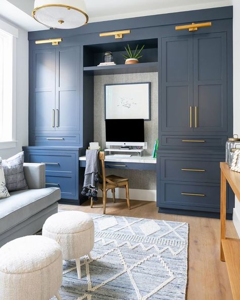 Office Upper Cabinets, Closed Storage Office, Schoolroom Ideas, Brooke Wagner, Office Built Ins, Cozy Family Rooms, Dining Office, Long House, Office Remodel