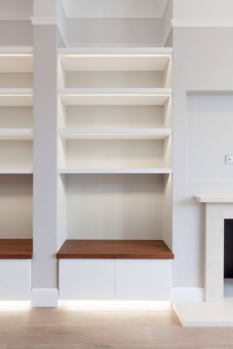 Storage to fireplace recess. LED detailing - LOVE Led Shelf, Alcove Shelves, Alcove Storage, Recessed Storage, Alcove Cupboards, Alcove Shelving, Recessed Shelves, Fireplace Built Ins, Muebles Living