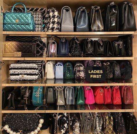 when a client has this many chanel bags, they need a cabinet all their own. organized by laura cattano Organize Closet Space, Purse Display, Closet Organizer With Drawers, Handbag Display, Purse Storage, Expensive Bag, Handbag Storage, Clothes Organization Diy, Handbag Stores