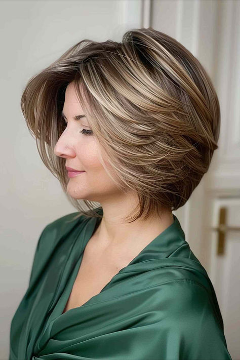 Woman with an Executive Bob hairstyle featuring feathered ends for a soft, sophisticated look. Shaggy Lob Haircut, Bob Hairstyles Long, Long Shaggy Bob, Soft Bob, Stacked Hairstyles, Teenage Girl Hairstyles, Feathered Bob, Shaggy Bob Hairstyles, Short Layered Bob Hairstyles