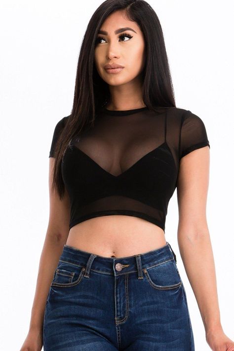 d72fbbccd9fe64c3a14f85d225a046f4desc42510544ri Plus Jumpsuit, Going Out Looks, Sheer Crop Top, Short Sleeve Crop Top, Sheer Shorts, Small Crop Tops, Short Sleeve Cropped Top, Crop Top Blouse, Plus Dresses