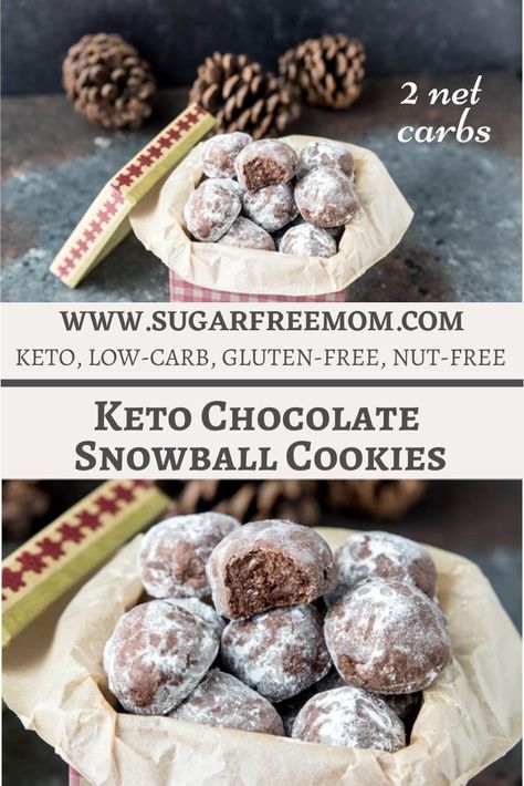 Sugar Free Keto Chocolate Snowball Cookies (Nut Free, Gluten Free) Chocolate Snowball Cookies, Snowball Cookie, Christmas Keto, Chocolate Snowballs, Cookies Sf, Low Carb Christmas, Keto Holiday Recipes, Keto Christmas Cookies, Keto Holiday