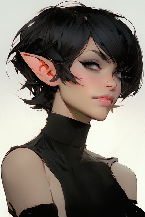 Short Haired Female Character, Short Haired Elf Female, Female Elf Black Hair, Black Hair Elf Female Art, Fantasy Short Hair, Elf Short Hair, Dark Haired Elf, Dnd Gnome Character Design, Short Fantasy Hair