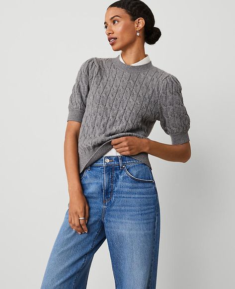 6466_XXS_37291037 Grey Short Sleeve Sweater Outfit, Cable Sweater Outfit, Grey Pullover Outfit, Sleeve Sweater Outfit, Short Sleeve Sweater Outfit, Business Casual Sweater, Shirred Sleeve, Weekend Sweater, Pullovers Outfit