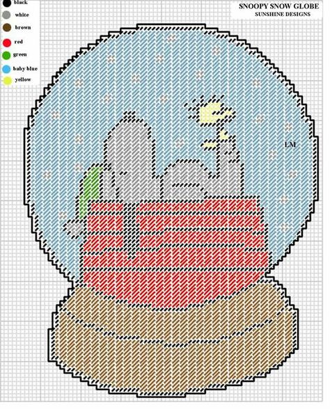 Snoopy snow globe Peanuts Plastic Canvas Patterns, Snoopy Snow, Christmas Plastic Canvas, Christmas Snowglobe, Christmas Cartoon Characters, Holiday Cross Stitch Patterns, Stitch Character, Plastic Canvas Stitches, Plastic Canvas Ornaments