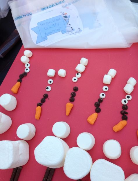 Assembling our 'Do you want to build a snowman' #Olaf kit parts, in birthday party readiness #frozenbirthday -- marshmallows, Wilton candy eyes, Quality Street Matchmaker arms, fondant nose, chocolate chip buttons. Just add piped icing for mouth and you're set! Marshmallow Olaf Build A Snowman, Olaf Marshmallow Snowman, Build A Snowman Kit, Olaf Marshmallow, Elsa Birthday Party, Candy Eyes, Marshmallow Snowman, Elsa Birthday, Frozen Themed Birthday Party