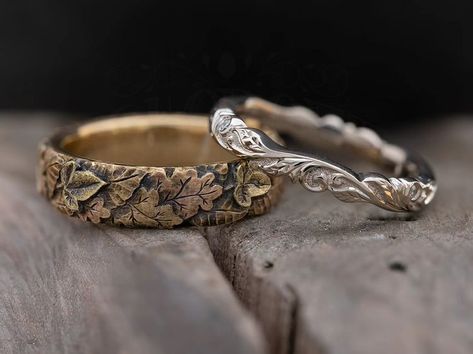 Wedding Ring Earthy, Lotr Inspired Wedding Rings, Lotr Wedding Rings, Wlw Wedding Rings, Cottage Core Wedding Ring, Ethereal Rings, Earthy Wedding Rings, Celestial Engagement Ring, Fantasy Rings