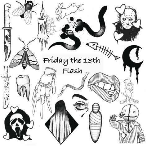 A bunch of tattoo flash for Friday the 13th or Halloween type tattoos. Everything in the pictures is posted of what you would be getting. Some are just outlines waiting for you to fill in others are filled in with shading and dotwork. Make your life easier and get these spooky stamp set ready for your clients to choose from. Scary Tattoo Ideas, Friday The 13th Flash, Flash Art Tattoos, Halloween Tattoo Flash, Tattoo Ideas Simple, Tato Flash, Halloween Friday The 13th, Friday The 13th Tattoo, Horror Movie Tattoos