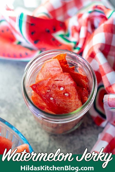 Dehydrated watermelon jerky makes a great on-the-go snack and is a great way to preserve watermelon to enjoy when they're no longer in season. Preserving Watermelon, Preserve Watermelon, Assyrian Recipes, Dehydrated Watermelon, Watermelon Jerky, Candied Orange Slices, Pork Jerky, Dehydrated Foods, Healthy Candy