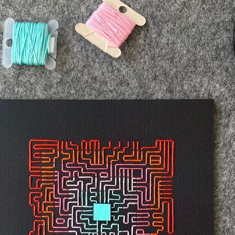 Julia - Paper Embroidery Artist on Instagram: "New colorful mini-labyrinth. Or circuit board... I 've not decided yet 🤔🙃 And what do you think? #brightcolors #modernembroideryart #minimalistgeometricart" Circuit Board Art, Paper Piercing, Board Art, Paper Embroidery, Artist On Instagram, Circuit Board, String Art, Geometric Art, Labyrinth