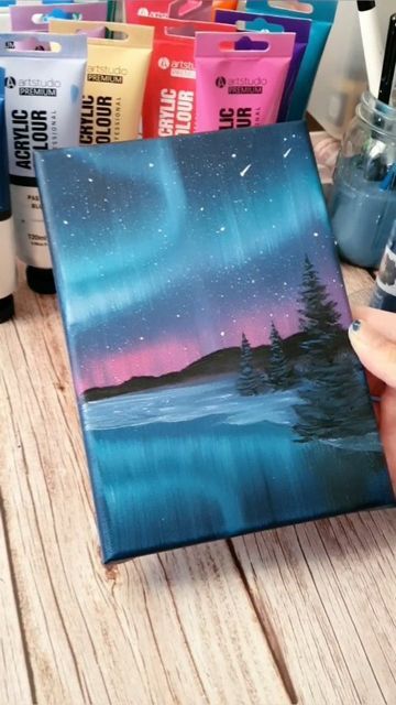 Seascapes Art, Aurora Lights Painting, Paintings Acrylic, Doddle Art, Paint Nite, Northern Lights Painting, Lake Painting, Canvas Painting Designs, Painting Inspo