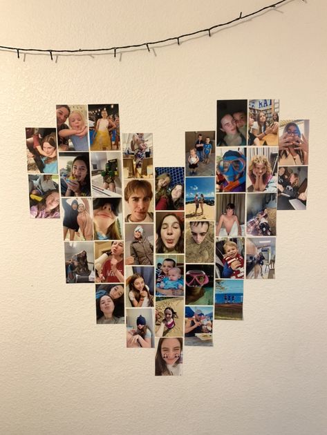 Hart Photo Wall, Heart Out Of Pictures On Wall, Heart Foto Collage, Heart Wall Pictures, 4x6 Picture Wall Ideas, 4x6 Wall Collage, Love Heart Picture Wall, How To Make A Heart With Pictures, Picture Heart Wall Layout