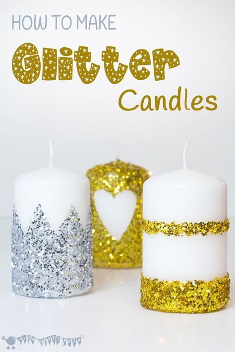 HOW TO MAKE GLITTER CANDLES - DIY glitter candles are an easy Christmas craft for kids and adults. They make super homemade gifts. Diy Glitter Candles, Christmas Candles Diy, Lego Costume, How To Make Glitter, Candle Crafts, Preschool Play, Kids Craft Room, Candles Diy, Glitter Candles