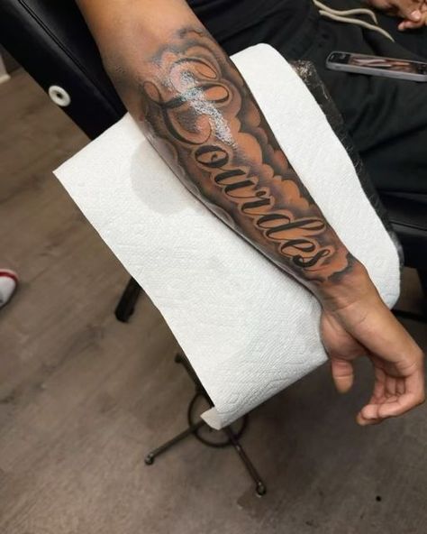 Forearm Tattoo Lettering, Side Arm Tattoo Men, Blessed Tattoo For Men, Mom Tattoo For Men, Arm Sleeve Tattoos For Guys, Last Name Tattoos, Calf Sleeve Tattoo, Fire Tattoos, Tattoo Fillers