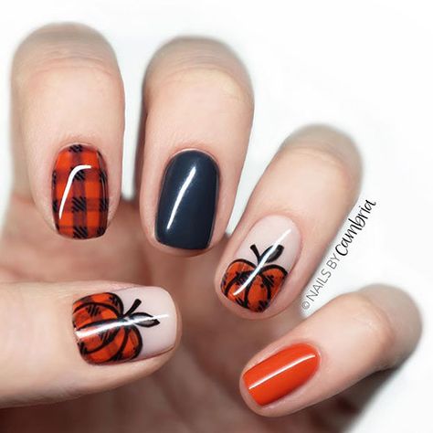 Thanksgiving Nails Acrylic, Pumpkin Nail, Pumpkin Nail Art, Thanksgiving Nail Designs, Plaid Pumpkin, Thanksgiving Nail Art, Pumpkin Nails, Fall Nail Art Designs, Plaid Nails