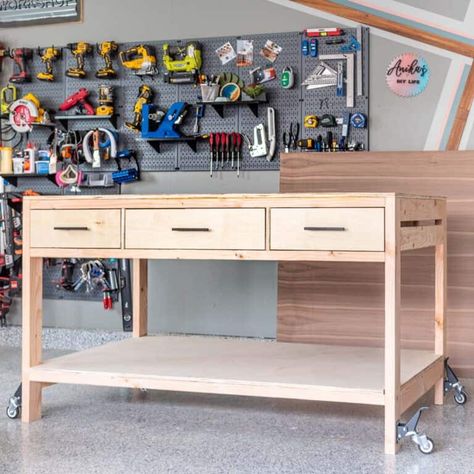 Build a DIY workbench with storage, including drawers and shelves, with this detailed step-by-step tutorial, video, and plans. Workbench With Storage, Workbench With Drawers, Craft Closet Organization, Basement Organization, Building A Workbench, Plywood Projects, Diy Hammock, Woodworking Plans Pdf, Diy Workbench