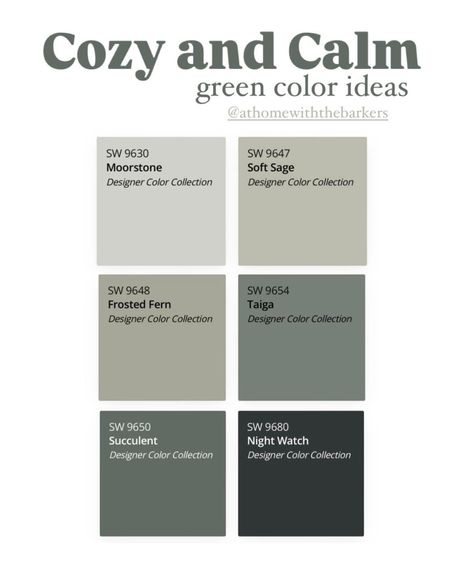 Grey Color Pallets, Sherwin Williams Color Palette, Breakfast Nook Ideas, Sage Green Paint, Nook Ideas, Sherwin Williams Colors, House Color Palettes, Dark Green Aesthetic, House Color Schemes