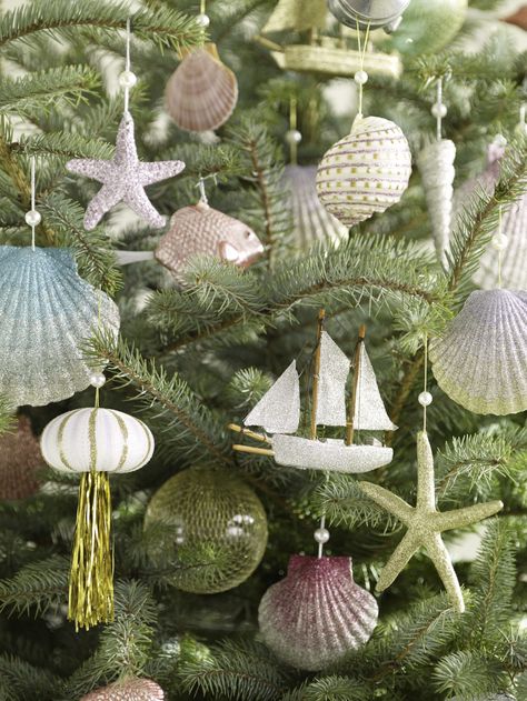 Seashell Xmas Ornaments, Beachy Ornaments, How To Make Seashell Ornaments, Shell Christmas Tree Ornaments, Diy Shell Ornaments Christmas, She’ll Ornaments, Seashell Ornaments Diy Coastal Christmas, Diy Seashell Ornaments, Seashell Ornament