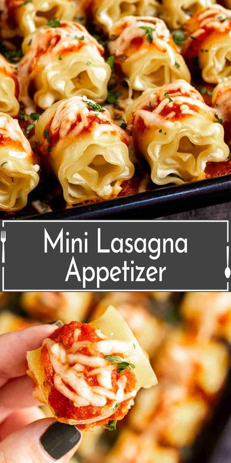 This mini lasagna appetizer is individual mini lasagna rolls filled with lemon ricotta and topped with a fresh tomato sauce. A one-bite appetizer that is perfect for parties! Bolognese Lasagna Bites, Lasagna Bites Appetizers, Lasagna Bites Recipe, New Year’s Eve Appetizers, Lasagna Appetizer, Nye Apps, Pasta Bites, Special Appetizers, New Years Eve Appetizers