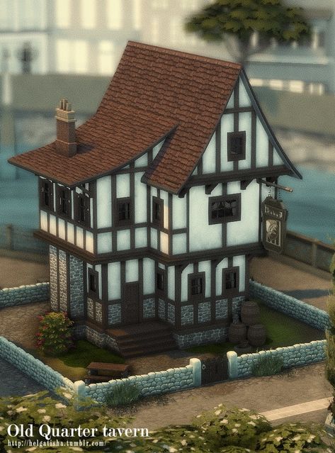 Old Quarter tavern Sims 4 Old House Cc, Sims Palace, Tavern Exterior, Medieval Builds, 1900s House, Medieval Home, Ts4 Builds, Medieval Tavern, Sims Lots