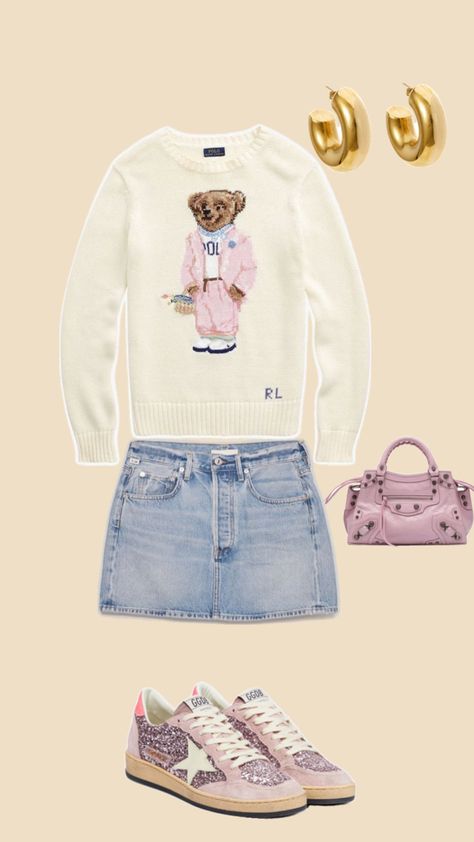 Light Denim Jeans Outfit, Ralph Lauren Sweater Outfit, Pink Sweater Outfit, Pink Mini Bag, Golden Goose Outfit, Cute Valentines Day Outfits, Watch Old, Vintage Gold Watch, Ralph Lauren Womens Clothing