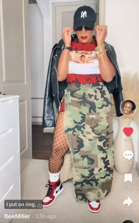 Fall Outfits For Georgia, Fatigue Shorts Outfit For Women, Body Net Outfit, Music Festival Outfit Ideas Black Women, Camp Skirt Outfit Black Women, Long Camo Skirt Outfit, Denim And Camouflage Outfit, Camo Skirt Outfit Ideas, Pvamu Homecoming Outfits