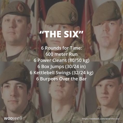 "The Six" WOD - 6 Rounds for Time: 600 meter Run; 6 Power Cleans (80/50 kg); 6 Box Jumps (30/24 in); 6 Kettlebell Swings (32/24 kg); 6 Burpees Over the Bar Wods Crossfit, Hero Workouts, Crossfit Workouts Wod, Hero Wod, Crossfit Workouts At Home, Crossfit At Home, Wod Workout, Box Jumps, Kettlebell Swings