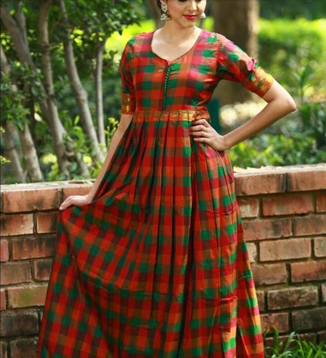 Saved by radha reddy garisa Woolen Suit Design, Cotton Long Frocks, Saree Dress Design, Saree Reuse Ideas, Kurtis Style, Banarasi Silk Suit, Kurti Models, Indian Maxi Dress, Maxi Dress Indian