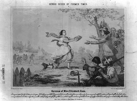 Brave Women of the Illustration: “Heroism of Miss Elizabeth Zane” depicts Elizabeth Zane’s legendary feat of retrieving gunpowder during the siege of Fort Henry during the American Revolutionary War. Lithograph by Nagel and Weingaertner, 1851. Source: Library of Congress. Read more on the GenealogyBank blog: “Brave Women of the American Revolutionary War Era.” http://blog.genealogybank.com/brave-women-of-the-american-revolutionary-war-era.html Revolutionary War Era 1780s Fashion, History Fun Facts, Genealogy Humor, History Tips, Family Tree Art, Zane Grey, Miss Elizabeth, Economic Freedom, Regency England