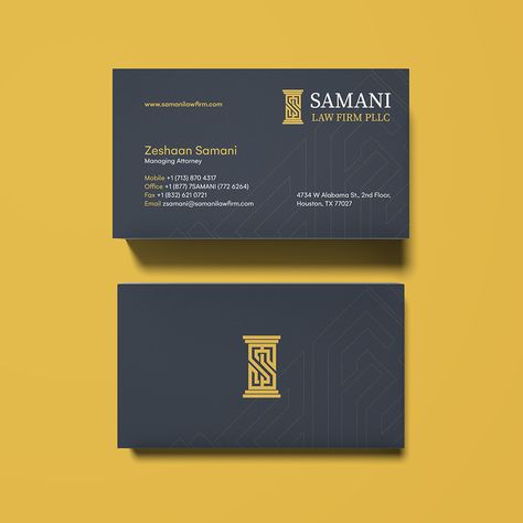 A business card designed by LeadOrigin for Samani Law Firm that features the company's logo and contact details, exemplifying the team's skill in producing professional and sophisticated corporate materials. Law Design, Name Card, Legal Services, Services Business, Law Firm, Business Card Design, Design Features, Business Card, Business Cards