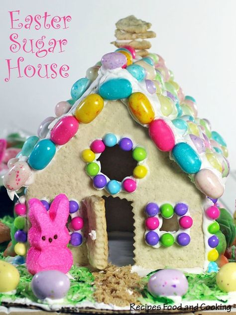 Easter Sugar House. Instead of a gingerbread house make this sugar house for an Easter activity. Easter Cookie House, Peep Houses, Sugar Cookie Easter, Sugar Cookie House, Easter Houses, Easter Bunny House, Cookie Houses, Candy Houses, Spring Sweets