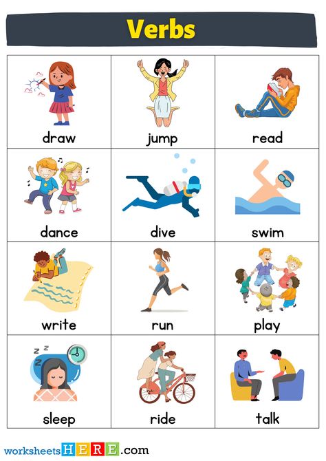 +45 Verbs Flashcards List, Verbs with Pictures Worksheets For Kids - WorksheetsHere.com Hindi Verb Worksheets, Verb Sentences, Action Verbs Flashcards, Action Verbs Worksheet, Insects Kindergarten, List Of Verbs, Verbs For Kids, Types Of Verbs, Transitive Verb