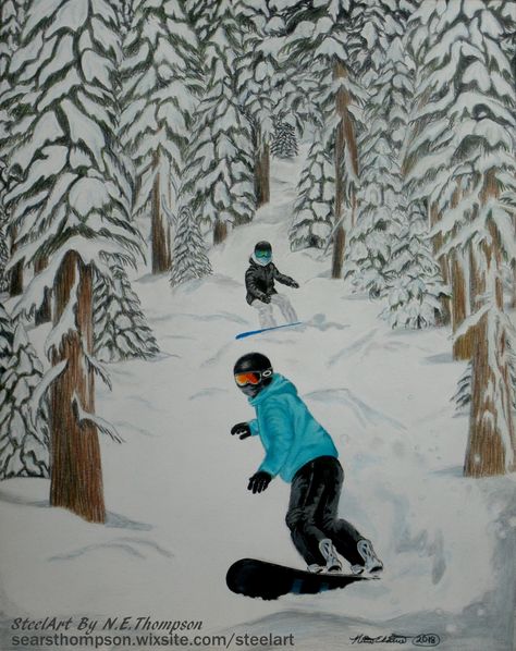 Snowboarding Painting, Mountain Wood Art, Snowboard Art, Ski Art, Motorcycle Illustration, Mountain Drawing, Winter Illustration, Winter Painting, Cycling Art