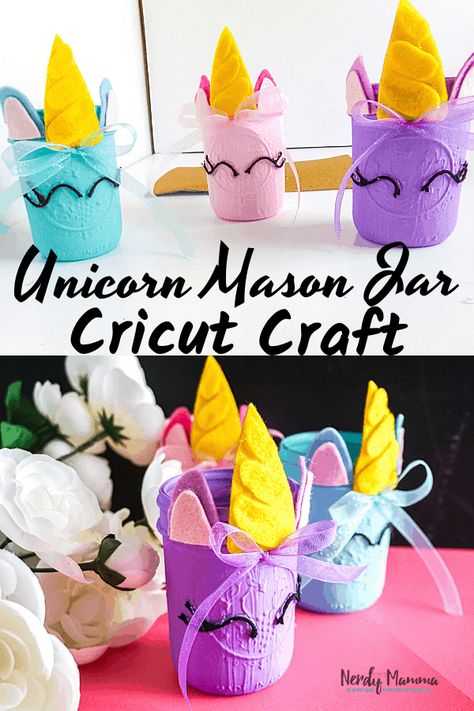 Easy DIY Unicorn Mason Jar Cricut Craft Diy Mason Jar Piggy Bank, Galaxy Jars Diy For Kids Easy, Unicorn Dream Catcher Diy, Unicorn Mason Jar, Mother’s Day Painted Mason Jar, Unicorn Themed Birthday Party, Pink Crafts, Blue Crafts, Small Mason Jars