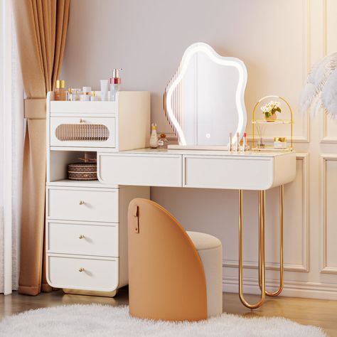 Everly Quinn Barrault Vanity | Wayfair Bedroom Cream, Makeup Tables, Modern Vanity Table, Beauty Table, Makeup Vanities, Vanity Dressing Table, Stone Table Top, Hair Dressing, Bedroom Makeup Vanity