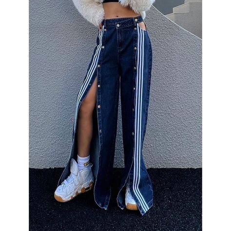 Look 80s, Ropa Upcycling, Style Wide Leg Pants, Jeans Trend, Korean Outfit Street Styles, Workwear Style, Buckle Jeans, Split Design, Jean Trends