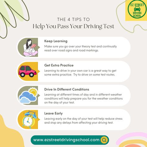 EZ’s Tuesday Tip: The 4 tips to help you pass your driving test 🚗👍 Get your Driver's License this summer! ☀️😊 Visit our website now!💻 www.ezstreetdrivingschool.com Call our Offices☀️ Orange County🍊: (714)895-3989 South Bay Area⛵️: (310)534-8959 Road Markings, Theory Test, Learning To Drive, Driving School, South Bay, Road Signs, Driving Test, Weather Conditions, Orange County