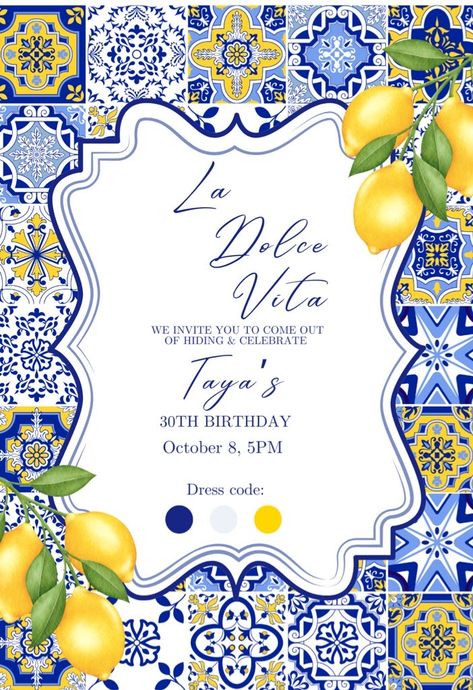 Italian Positano Theme, Medeteranian Party Decor, Lemon Amalfi Theme, Amalfi Coast Theme Invitation, Limon Them Party, Amalfi Coast Theme Birthday Party, Lemons Theme Party, Positano Italy Bridal Shower Theme, Italian Lemon Birthday Theme