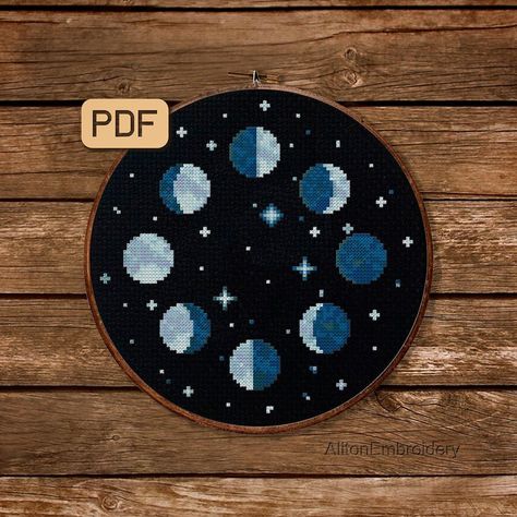 Moon Phase Embroidery Pattern, Moon Phase Cross Stitch Pattern, Moon And Stars Cross Stitch Pattern, Moon Phases Cross Stitch Pattern, Cross Stitch Moon Phases, Moon Cross Stitch Pattern Free, Black Aida Cross Stitch, Cross Stitch Moon, Moon Cross Stitch Pattern