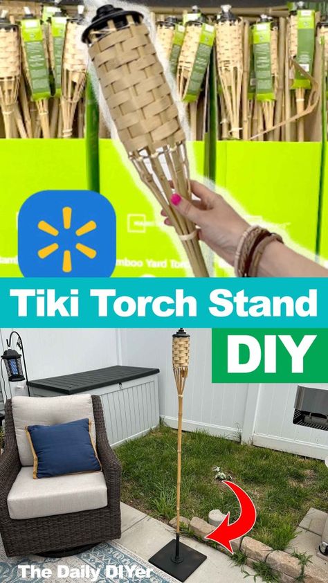 Use 3 supplies to make a quick and easy stand for your tiki torches + flame free ideas! Tiki Umbrella Ideas, Tiki Lights Backyards, Tiki Torches Around Pool, Tiki Torch Ideas Backyards, Diy Tiki Torch Stand, Table Top Tiki Torch, Tiki Torch Stand, Diy Tiki Torch, Tiki Torches Diy