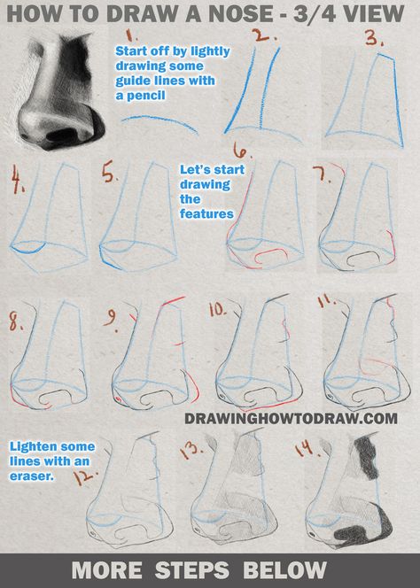 Drawing and Shading a Realistic Nose in 3/4 View in Pencil or Graphite Easy Step by Step Tutorial - How to Draw Step by Step Drawing Tutorials Nose Drawing 3/4 View, Nose Side Profile Drawing Step By Step, Realism Tips Drawing Tutorials, Draw 3/4 Face, Drawing A Nose Step By Step, Nose Drawing Tutorial Step By Step, Body 3/4 View, How To Draw A Portrait Step By Step, Nose 3/4 View