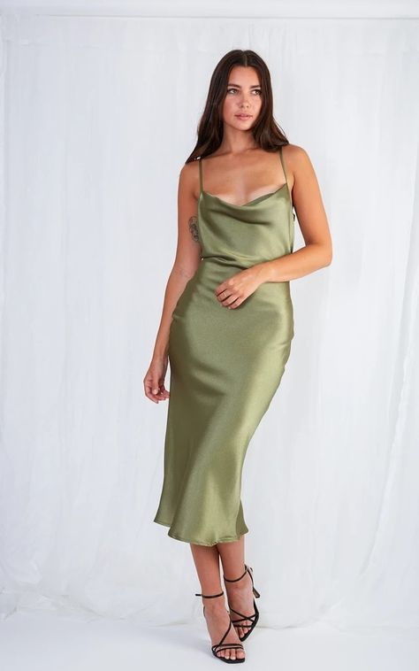 Green Satin Slip Dress, Olive Green Bridesmaid Dresses, Olive Colour, Pretty Lavish, Wedding Attire Guest, Elegant Saree, Smart Casual Outfit, Maid Dress, Evening Outfits