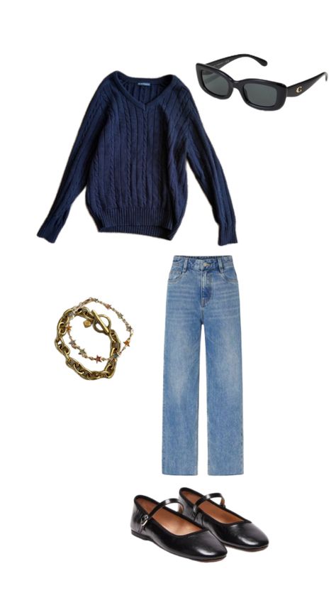 Elevate your everyday look with this stylish outfit! Pair classic blue jeans with a cozy navy knit for a perfect blend of comfort and sophistication. Finish off with sleek black flats for a polished touch, and accessorize with stunning gold jewelry that adds a hint of elegance. Don’t forget your chic black sunglasses for a fabulous finish! Ideal for casual outings or brunch dates! 💙✨ #CasualStyle #ChicOutfit #OOTD Stylish Outfit, Black Sunglasses, Classic Blue, Black Flats, Everyday Look, Chic Outfits, Casual Style, Stylish Outfits, Blue Jeans