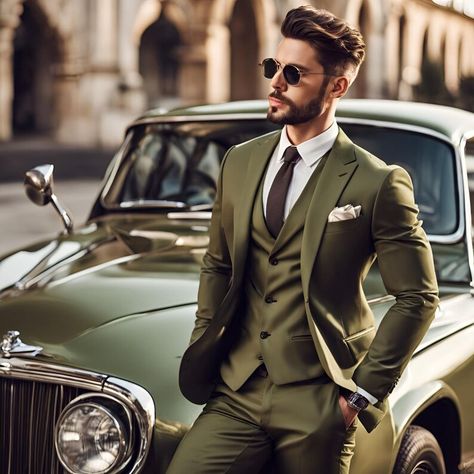 Olive Green Jacket Outfits, Trending Suits, Green Jacket Outfit, Olive Green Suit, Formal Suits Men, Olive Green Coat, Wedding Kurta For Men, Suits Groom, Stylish Mens Suits