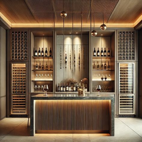 Cocktail Room In House Luxe, Wine Room With Bar, Wine Rooms In House, Home Bar Room Ideas, Bar Wall Cabinet, Wine Bar Ideas Home, Wine Display Wall, Cocktail Room In House, At Home Bar Ideas