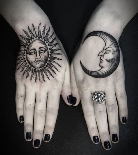 female hand tattoos - hand tattoos for girls - sun and moon hand tattoo Tattoo Main, Sun And Moon Tattoos, Moon Sun Tattoo, Petit Tattoo, Moon Tattoos, Hand Tattoos For Women, Sun Tattoo, 문신 디자인, Hand Tattoo