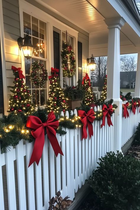 25 Vintage Christmas Decor Ideas To Recreate Now Front Fence Christmas Decor, Front Porch With Columns Christmas Decor, Rustic Christmas Outdoor Decorating, Christmas Outdoor Porch Ideas, Christmas Decoration Balcony, Mobile Home Christmas Decor Outside, Christmas Decor For Balcony, Traditional Christmas Porch Decor Ideas, Rustic Christmas Porch Decor