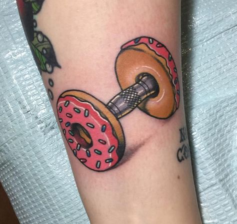 Barbell Tattoo, Illinois Tattoo, Weightlifting Tattoo, Donut Tattoo, Food Tattoo, Simpsons Tattoo, Timeless Tattoo, Food Tattoos, Muscle Tattoo