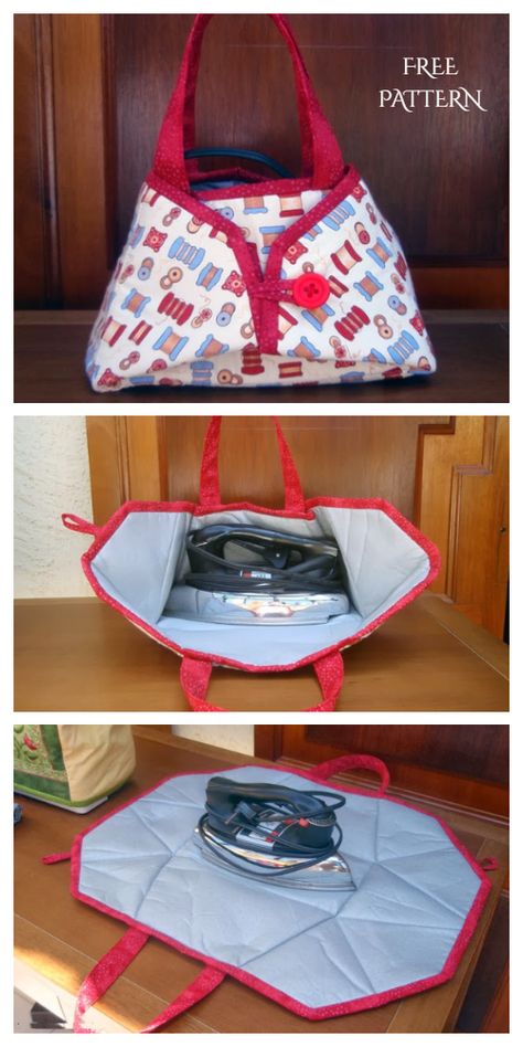 DIY Fabric Iron Caddy Tote Free Sewing Pattern + Video | Fabric Art DIY Travel Iron Caddy Pattern Free, Iron Mat Diy, Iron Caddy Pattern Free, Tote Patterns Free, Free Crochet Bag Patterns, Fabric Art Diy, Bag Holder Pattern, Sewing Tutorials Bags, Purse Diy